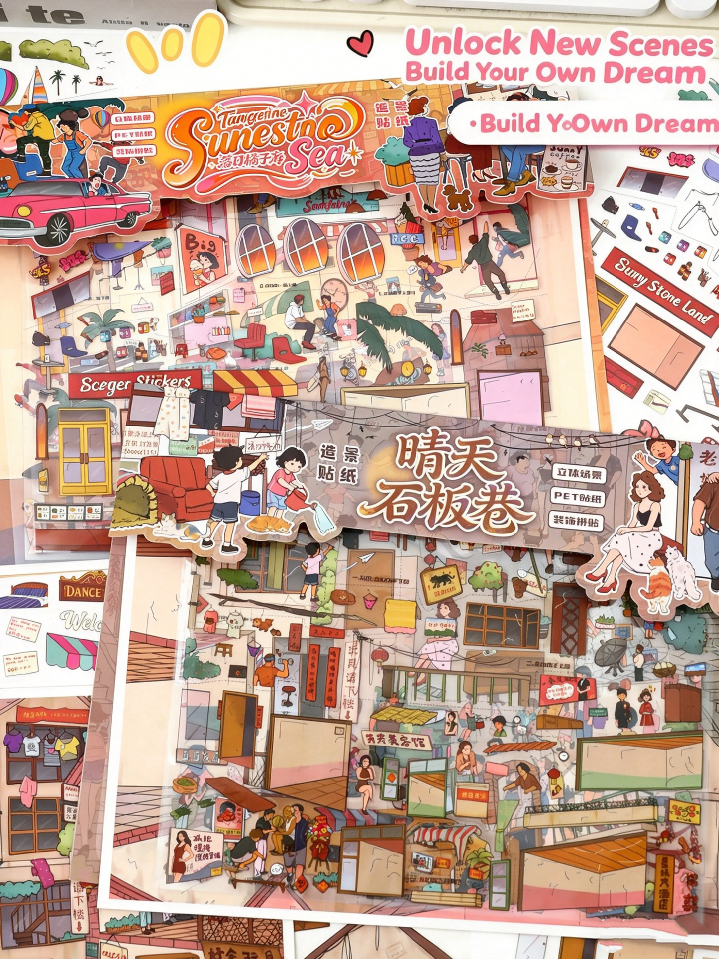 YiLan DIY 3D Scene Stickers 143.0 Sunset Orange Sea Sunny Slate Lane Miniature Scene American Style Street View #246