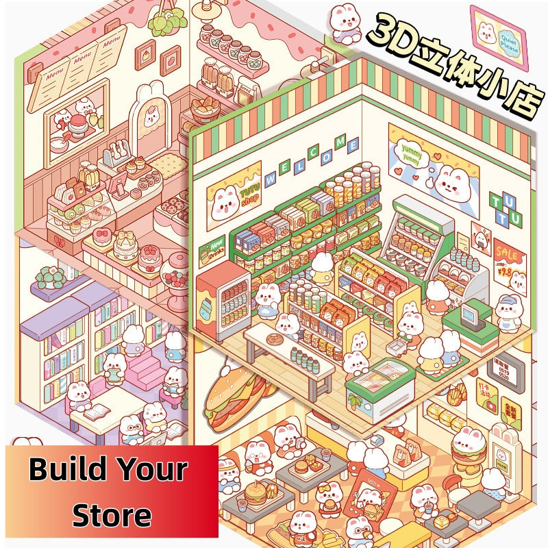 TELADO DIY 3D Scene Stickers cut-free landscaping scene sticker visual 3D stacking three-dimensional hut girl children educational toy DIY handbook sticker decorative material creative sticker#95