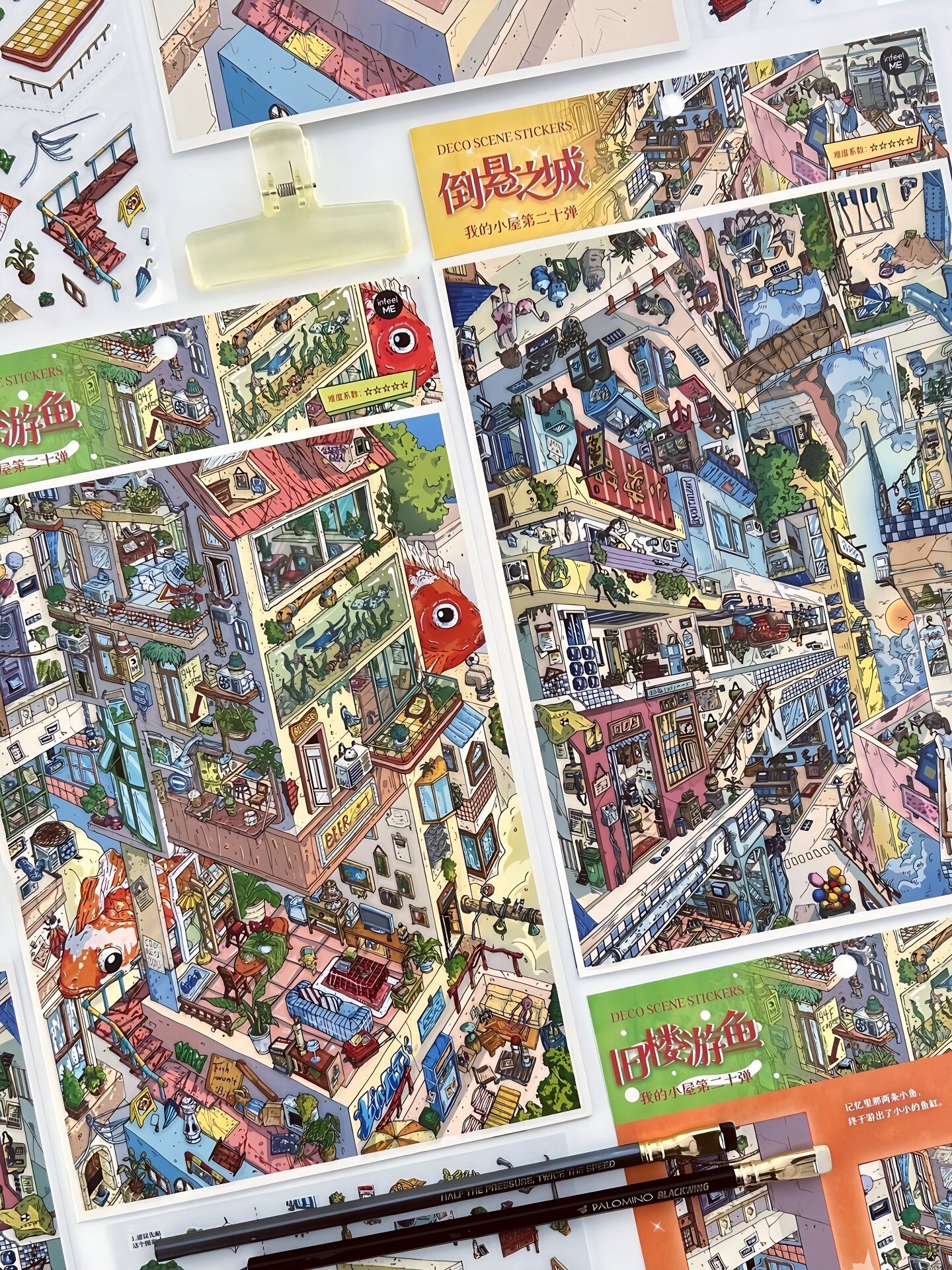 Infeelme's 20th play of landscape stickers in open today, Landscaping Stickers Old Building Swimming Fish Hanging City Miniature Scene#161