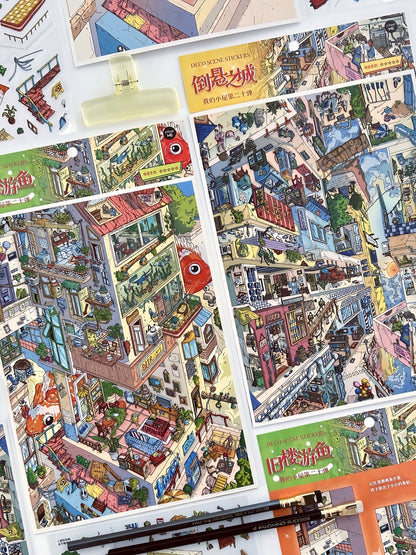 Infeelme's 20th play of landscape stickers in open today, Landscaping Stickers Old Building Swimming Fish Hanging City Miniature Scene#161