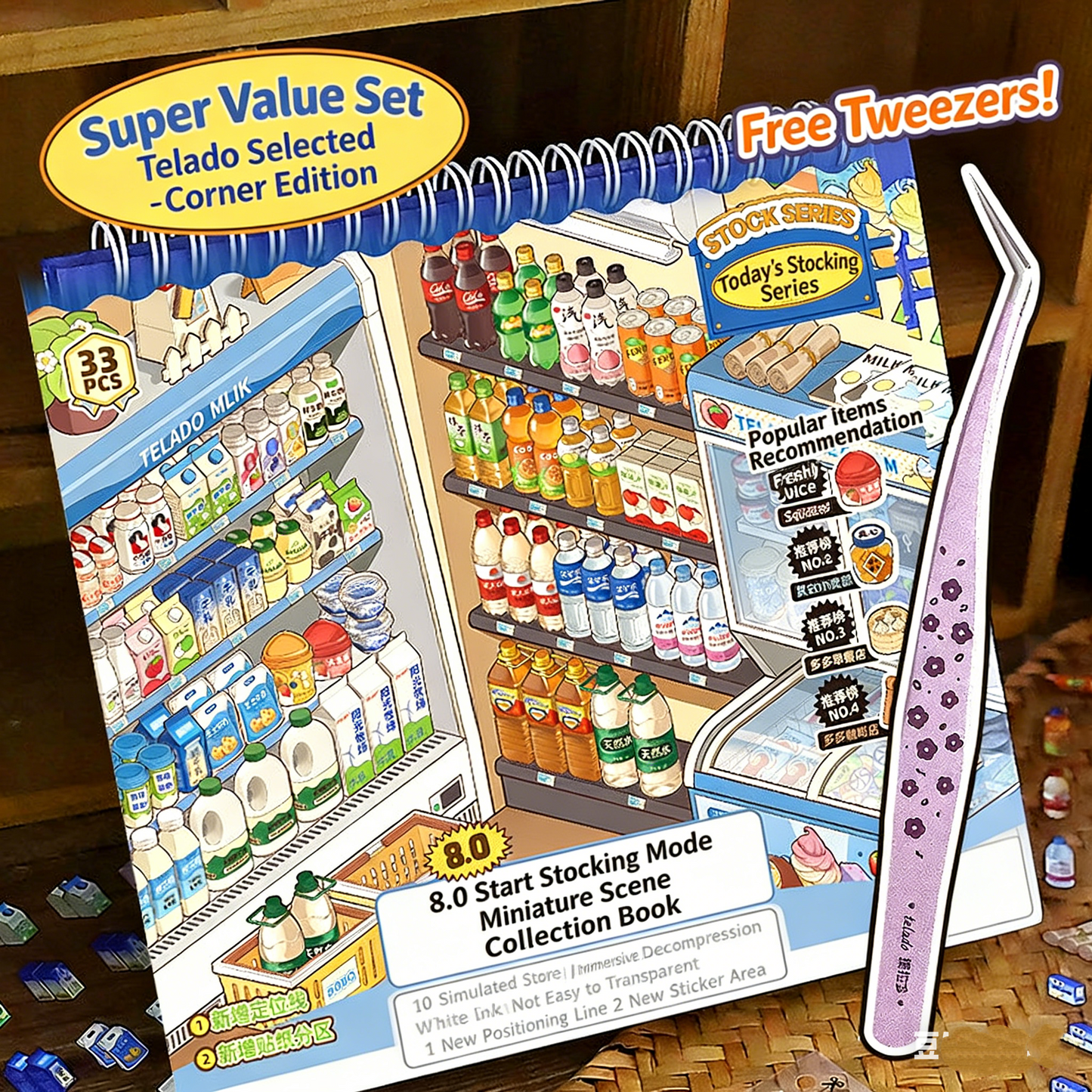 TELADO Miniature Scene Collection Ben Landscaping Sticker Tweezers Set Hand Account Sticker Clip Cartoon Cabin Girl Children Educational Toys DIY Snack Drink Hand Account Sticker Decorative Sticker#90
