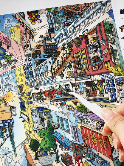 Infeelme's 20th play of landscape stickers in open today, Landscaping Stickers Old Building Swimming Fish Hanging City Miniature Scene#161