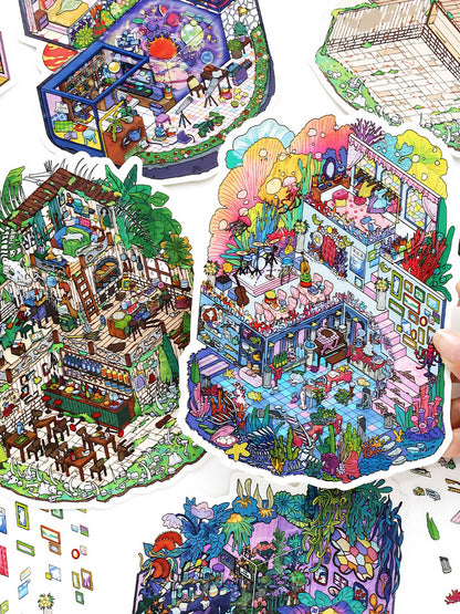 Infeelme's thirty-fifth play of DIY 3D Scene Stickers in open today, landscaping stickers three-dimensional hut miniature scene stickers#124