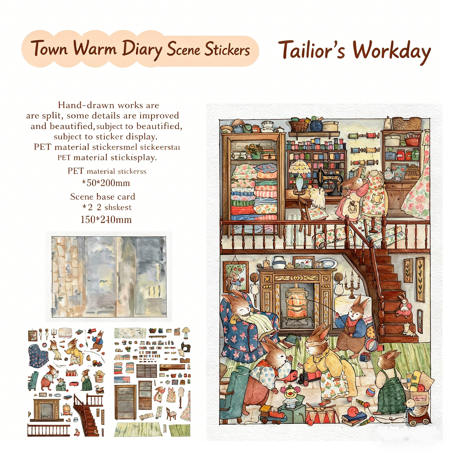 Meatball Puppy HeNuan Town Diary DIY 3D Scene Stickers, Hand Painted Series Watercolor Fairy Tale DIY Art Decorative Painting#213