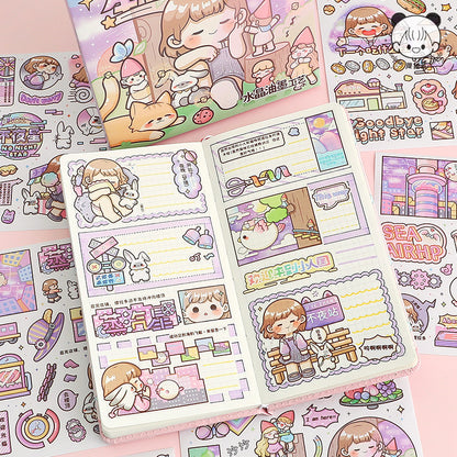 TELADO Square Sticker Hand Account Sticker Gift Box New Meow Star Laike Mengke Attack Panda Duoduo Sauce Cute Girl Heart Character Cartoon Girl Children and Paper Hand Account Sticker Material Sticker#84