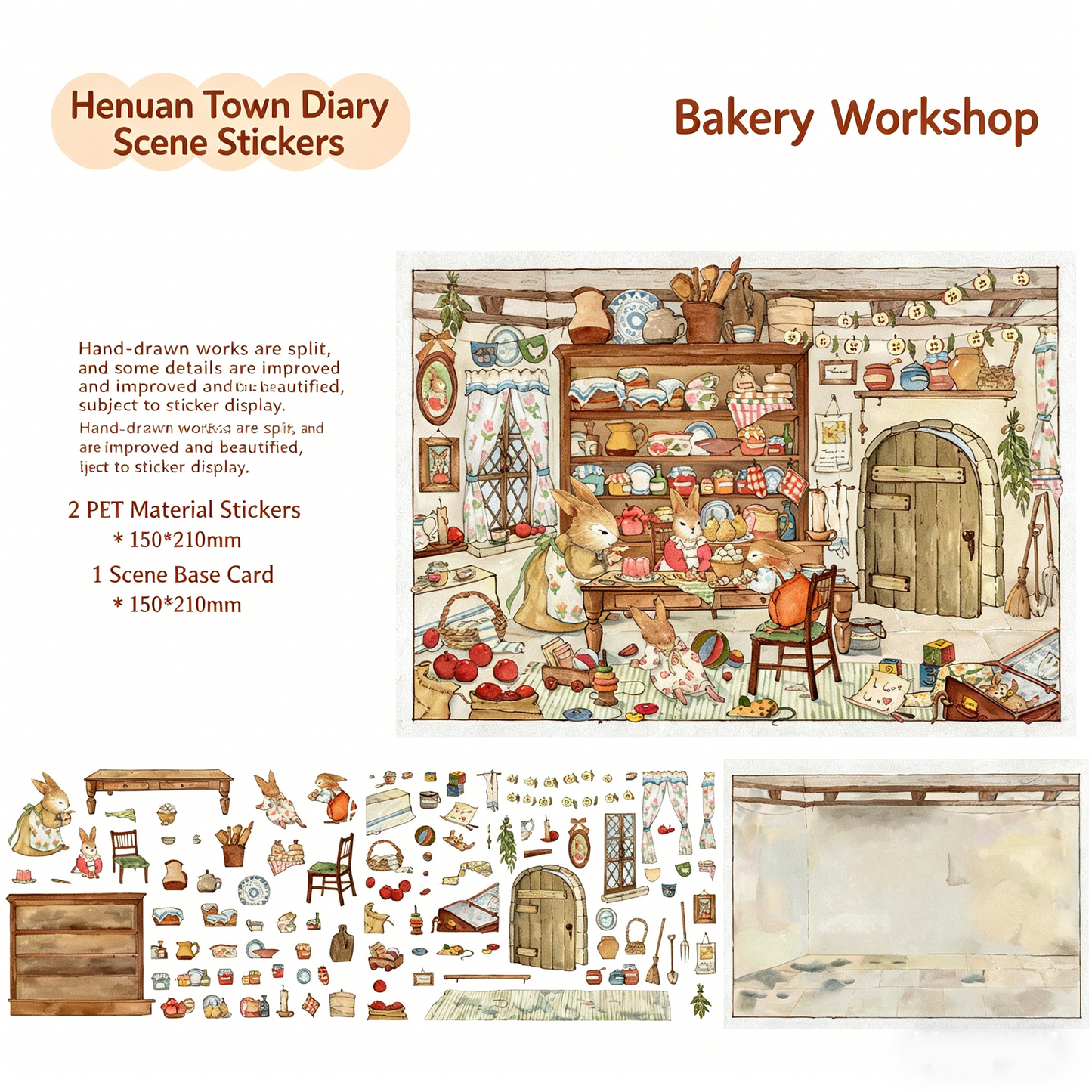 Meatball Puppy HeNuan Town Diary DIY 3D Scene Stickers, Hand Painted Series Watercolor Fairy Tale DIY Art Decorative Painting#213