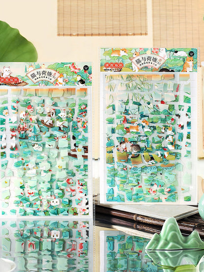 Infeelme Antique restorer DIY 3D Scene Stickers cat and lotus pond miniature scene hand decompression antique sticker#121