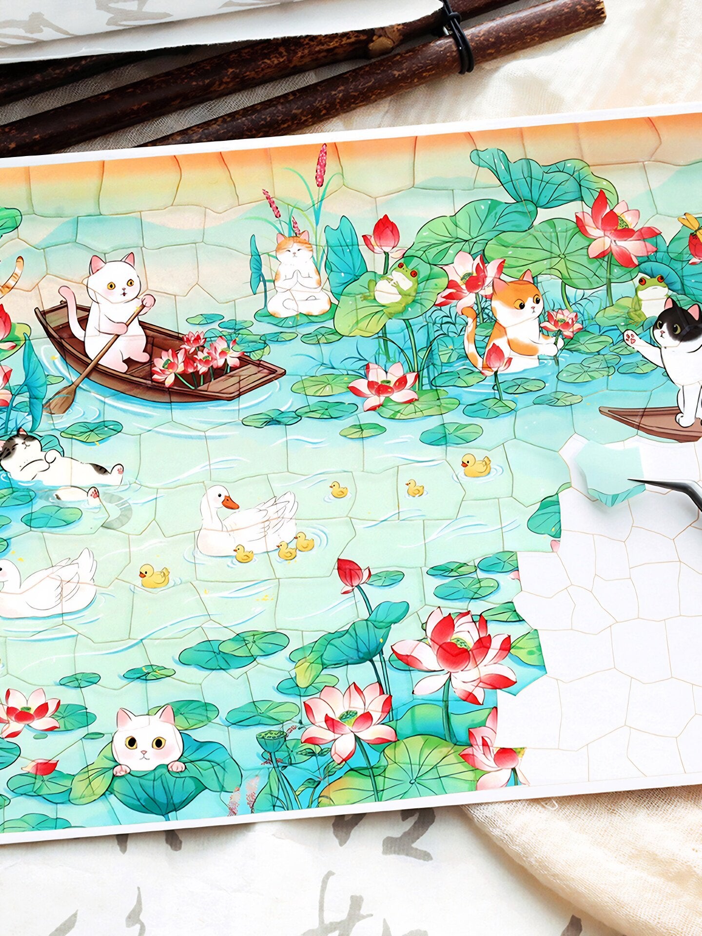 Infeelme Antique restorer DIY 3D Scene Stickers cat and lotus pond miniature scene hand decompression antique sticker#121