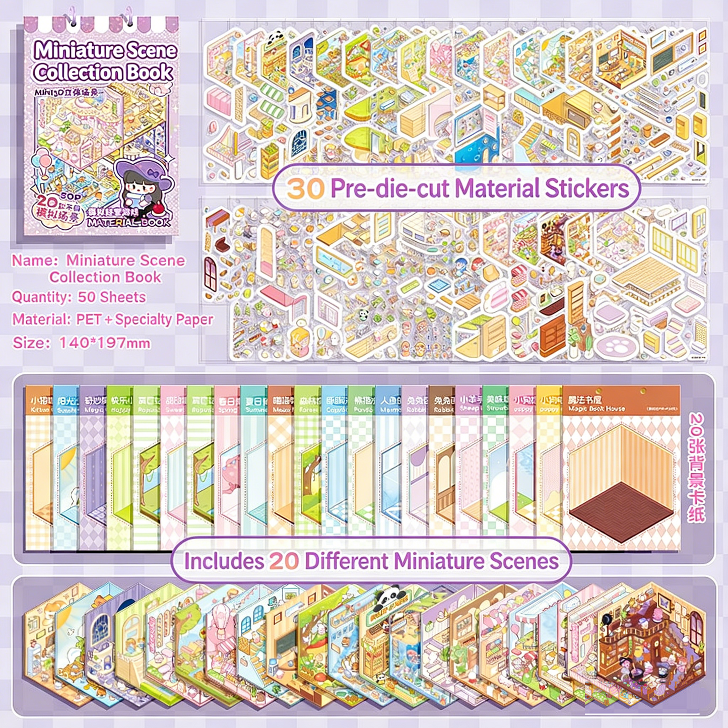 New DIY 3D Scene Stickers miniature scene hut storage collage cut-free pet sticker cartoon cute girl children decoration small pattern#131