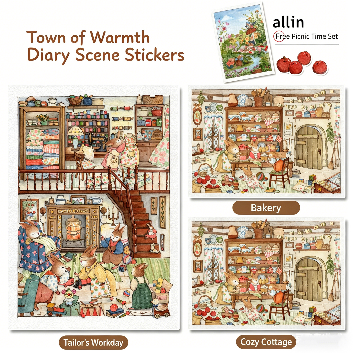 Meatball Puppy HeNuan Town Diary DIY 3D Scene Stickers, Hand Painted Series Watercolor Fairy Tale DIY Art Decorative Painting#213