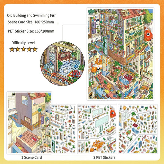 Infeelme's 20th play of landscape stickers in open today, Landscaping Stickers Old Building Swimming Fish Hanging City Miniature Scene#161