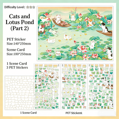 Infeelme Antique restorer DIY 3D Scene Stickers cat and lotus pond miniature scene hand decompression antique sticker#121