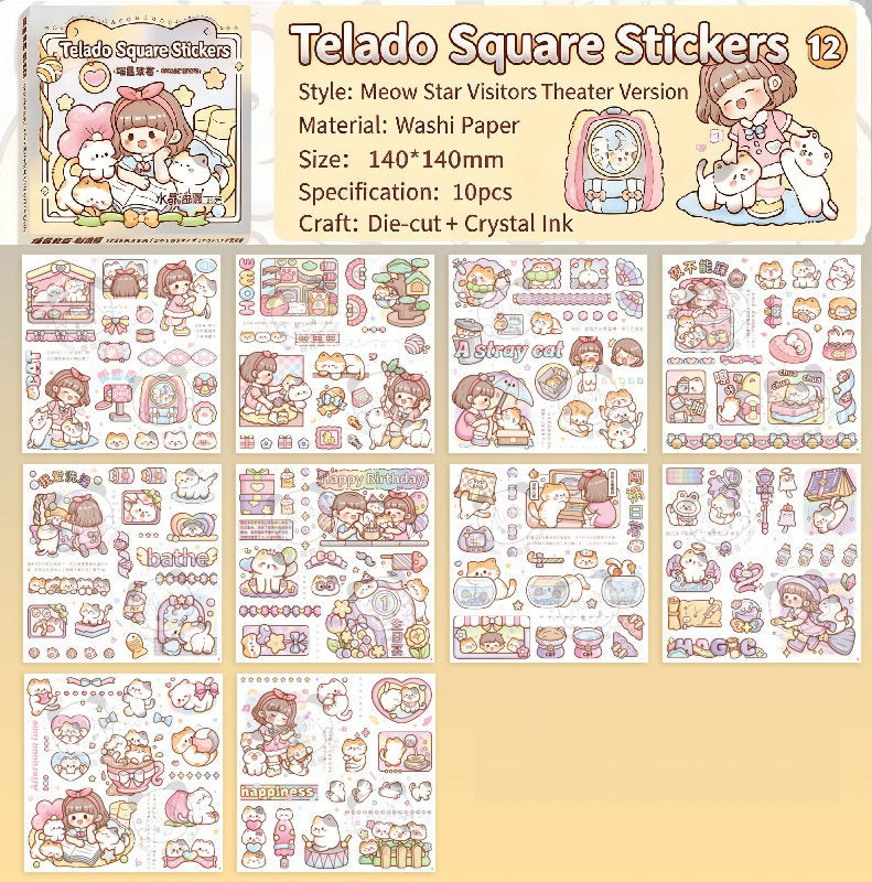 TELADO Square Sticker Hand Account Sticker Gift Box New Meow Star Laike Mengke Attack Panda Duoduo Sauce Cute Girl Heart Character Cartoon Girl Children and Paper Hand Account Sticker Material Sticker#84