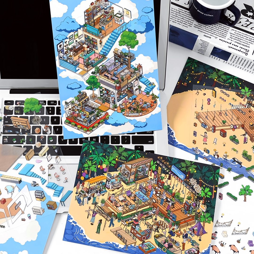 Infeelme's 10th play of DIY 3D Scene Stickers in open today,  on the clouds cafe landscaping sticker island music festival large scene#140