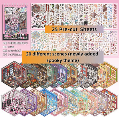 TELADO DIY 3D Scene Stickers collection book 4.0 micro-horror landscaping sticker scene hand account sticker three-dimensional miniature hut girl children's educational toys DIY hand account sticker decorative creative sticker#99