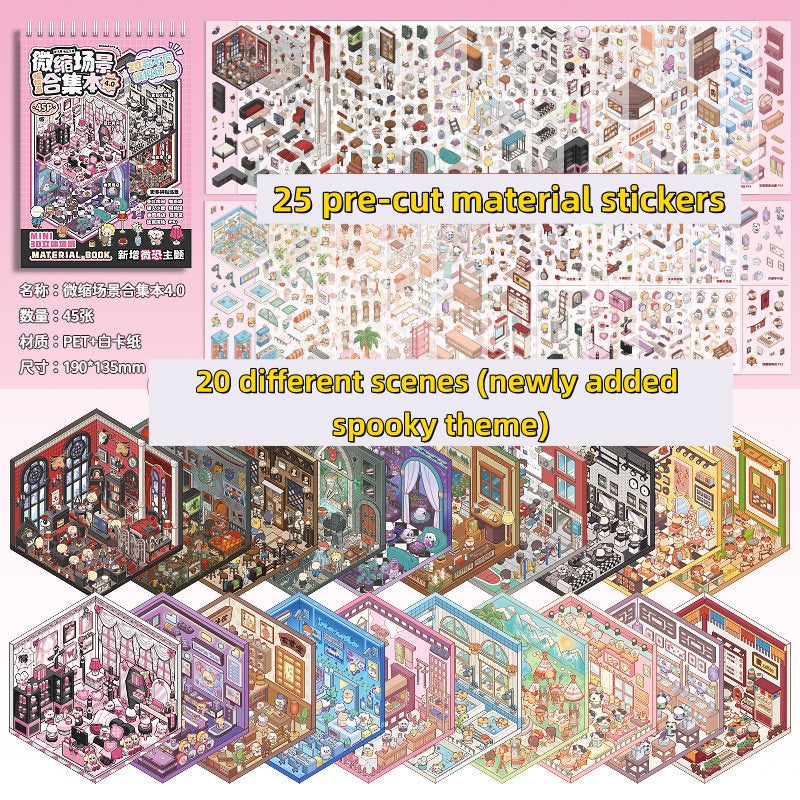 TELADO DIY 3D Scene Stickers Collection Ben 5.0 New Landscaping Sticker Scene Hand Account Sticker Set Three-dimensional Miniature Cabin Girls Children's Educational Toys DIY Hand Account Sticker Decorative Sticker#101