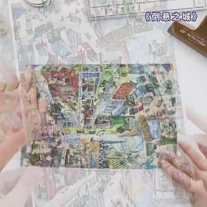 Infeelme's 20th play of landscape stickers in open today, Landscaping Stickers Old Building Swimming Fish Hanging City Miniature Scene#161